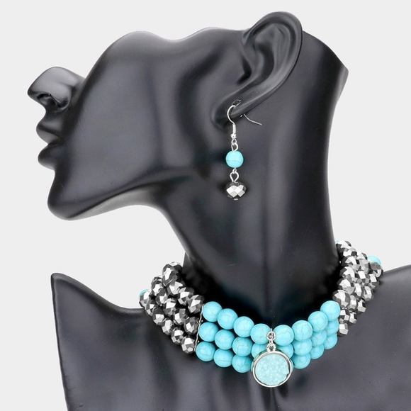 Blue Turquoise Choker Pendant Necklace Layered Fashion Statement Jewelry Set - Picture 1 of 2